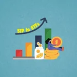 Illustration showing a rising bar graph with "SIP in ETFs" indicated, a jar collecting coins, and a person sitting atop a stack of large gold coins, signifying growth and investment.