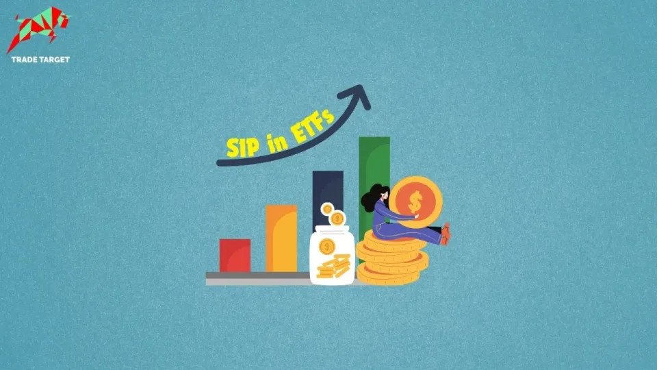 Illustration showing a rising bar graph with "SIP in ETFs" indicated, a jar collecting coins, and a person sitting atop a stack of large gold coins, signifying growth and investment.