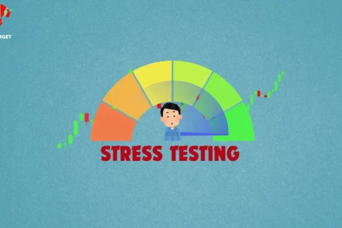 Illustration of a person's emotional state with a stress level meter, overlaid on a market chart, representing the concept of mutual fund stress testing.