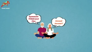 A graphic depicting an elderly man and woman sitting in a meditative pose. The man has a thought bubble with "Systematic Withdrawal Plan," and the woman has a thought bubble with "Second Income?"