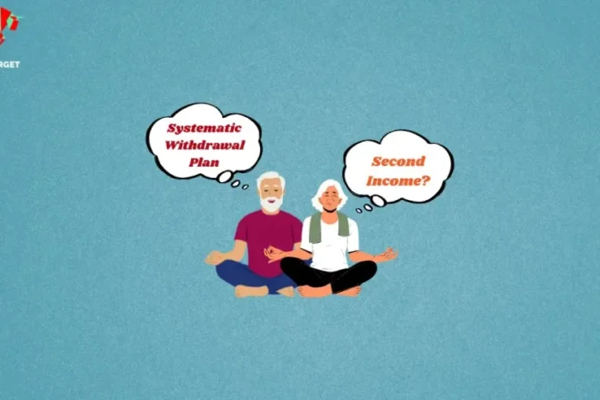 A graphic depicting an elderly man and woman sitting in a meditative pose. The man has a thought bubble with "Systematic Withdrawal Plan," and the woman has a thought bubble with "Second Income?"