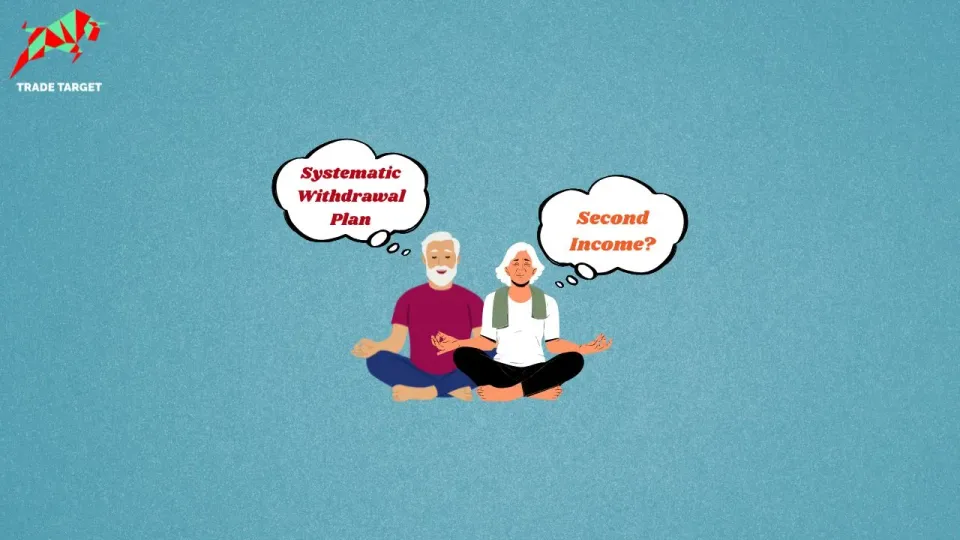 A graphic depicting an elderly man and woman sitting in a meditative pose. The man has a thought bubble with "Systematic Withdrawal Plan," and the woman has a thought bubble with "Second Income?"