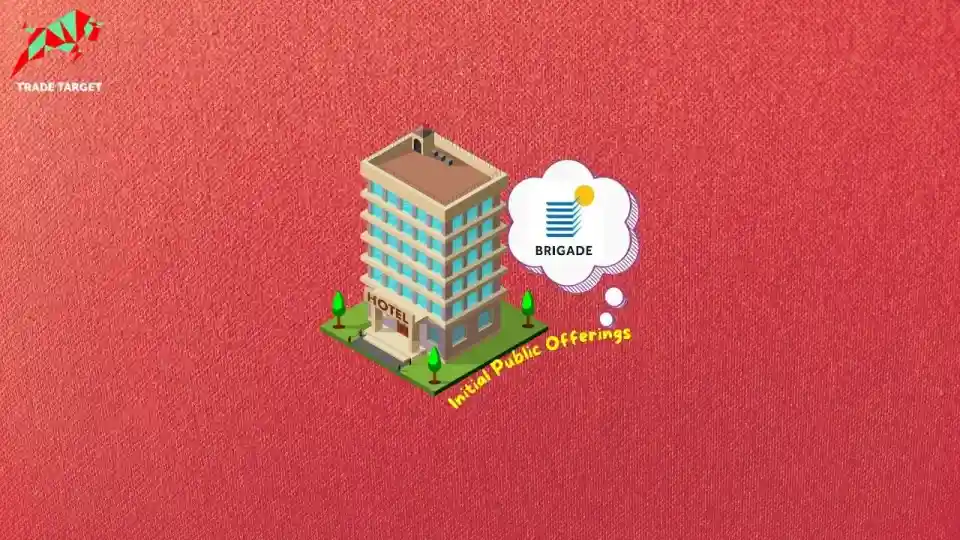 An illustration of a hotel building with the Brigade logo and "Initial Public Offerings" text, representing Brigade Hotel Ventures IPO.