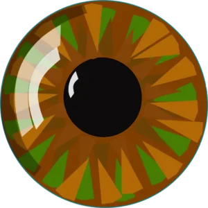 A close-up, stylized illustration of an eyeball with a dominant brown iris featuring green triangular patterns radiating from the black pupil.