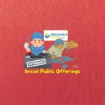 An illustration of two workers assembling electronics with "electronics bazaar" logo and "Initial Public Offerings" text, relevant for GNG Electronics IPO GMP.