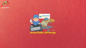 An illustration of two workers assembling electronics with "electronics bazaar" logo and "Initial Public Offerings" text, relevant for GNG Electronics IPO GMP.