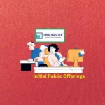 Illustration depicting two individuals working in a modern office, with the "INDIQUBE GROW YOUR BUSINESS" logo and "Initial Public Offerings" text, highlighting co-working solutions.