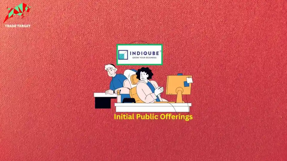 Illustration depicting two individuals working in a modern office, with the "INDIQUBE GROW YOUR BUSINESS" logo and "Initial Public Offerings" text, highlighting co-working solutions.