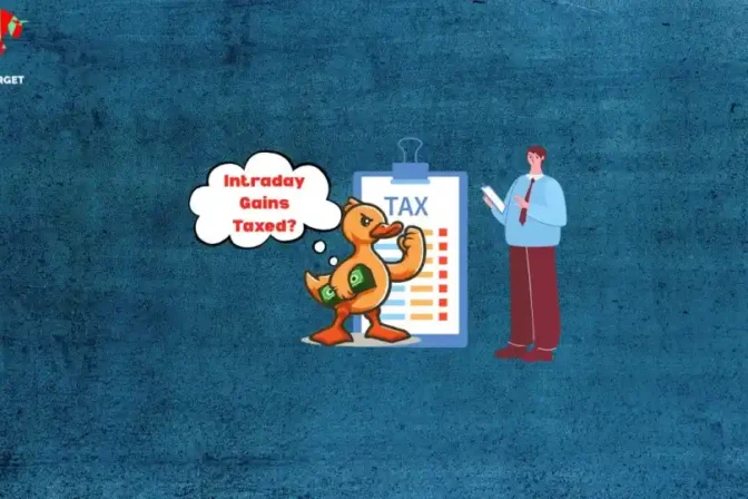 A cartoon duck holding money and a speech bubble "Intraday Gains Taxed?" next to a tax document and a person, illustrating tax on intraday gains.