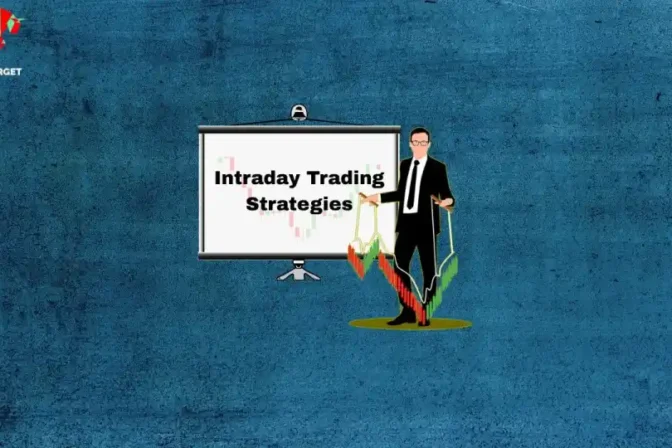Illustration of a man holding stock charts beside a screen showing "Intraday Trading Strategies" on a textured blue background
