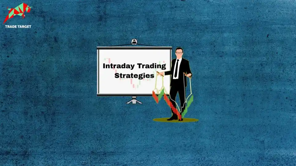 Illustration of a man holding stock charts beside a screen showing "Intraday Trading Strategies" on a textured blue background