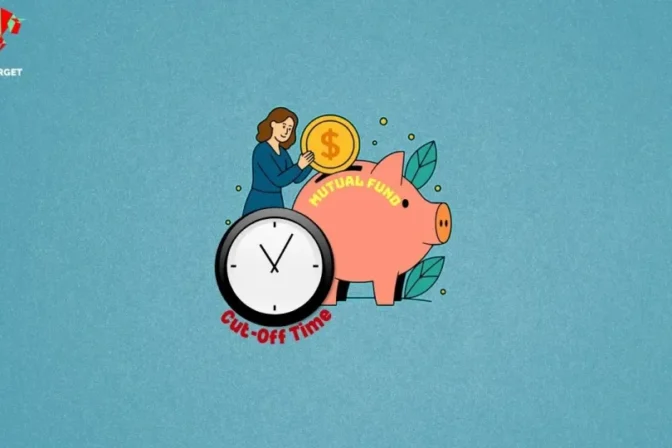 Illustration of a woman placing a coin in a piggy bank with a clock showing mutual fund cut-off time.