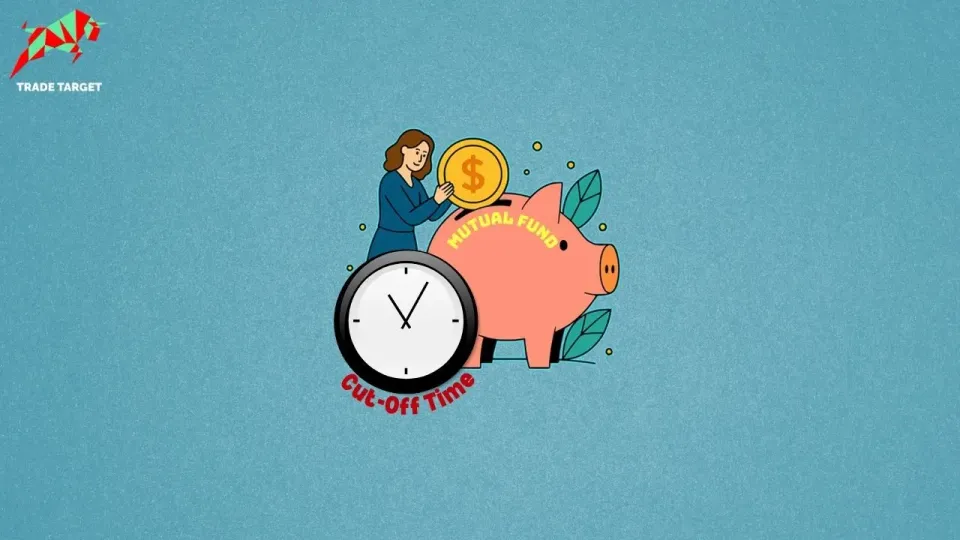 Illustration of a woman placing a coin in a piggy bank with a clock showing mutual fund cut-off time.