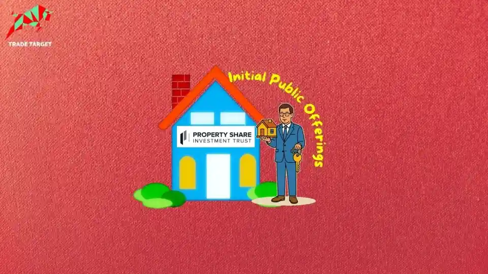 A man in a suit holding a key stands next to a house with the "Property Share Investment Trust" logo, signifying an IPO.