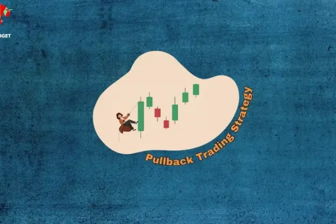 Illustration of a trader climbing a candlestick chart with the title "Pullback Trading Strategy" on a textured blue background