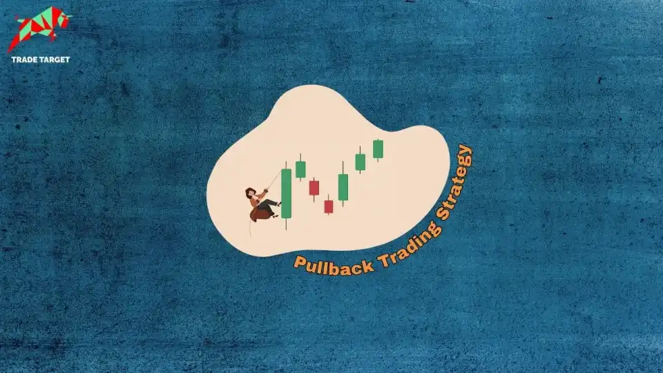 Illustration of a trader climbing a candlestick chart with the title "Pullback Trading Strategy" on a textured blue background
