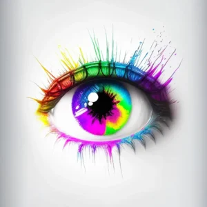 A close-up of a human eye with an iris colored in vibrant rainbow sections and eyelashes that appear to be splattered with matching rainbow paint, set against a plain white background.