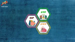 Illustration showing SIP, STP, and SWP concepts in mutual funds with piggy bank, transaction, and cash visuals on a blue background.