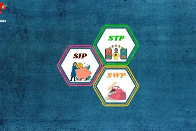 Illustration showing SIP, STP, and SWP concepts in mutual funds with piggy bank, transaction, and cash visuals on a blue background.