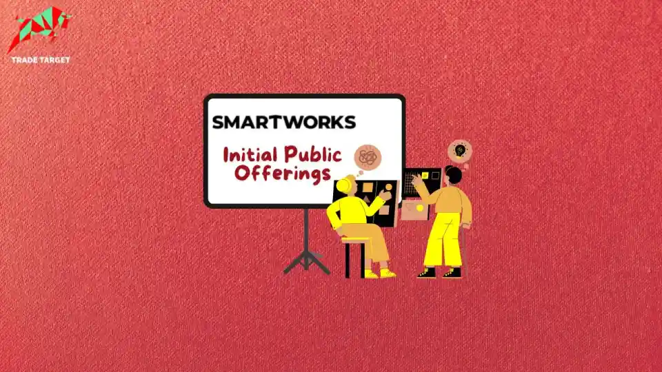 Illustration showing Smartworks Initial Public Offering (IPO) with two people analyzing data on a red textured background.
