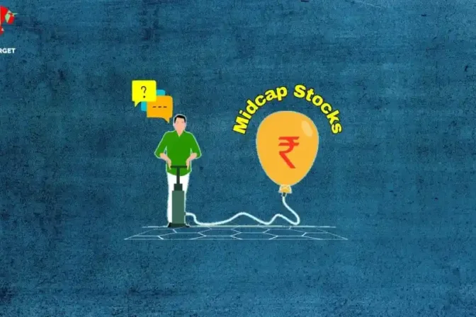 An illustration of a person holding a string attached to a balloon labeled "Midcap Stocks" with a rupee symbol.