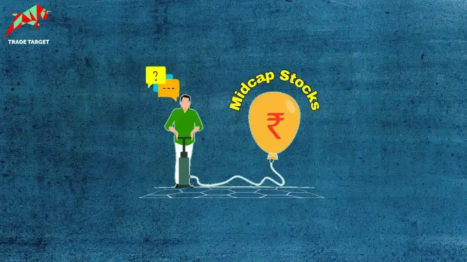 An illustration of a person holding a string attached to a balloon labeled "Midcap Stocks" with a rupee symbol.