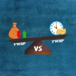 A seesaw comparing VWAP (bag of money, representing volume) and TWAP (clock and coins, representing time), highlighting their key differences.