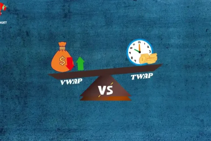 A seesaw comparing VWAP (bag of money, representing volume) and TWAP (clock and coins, representing time), highlighting their key differences.