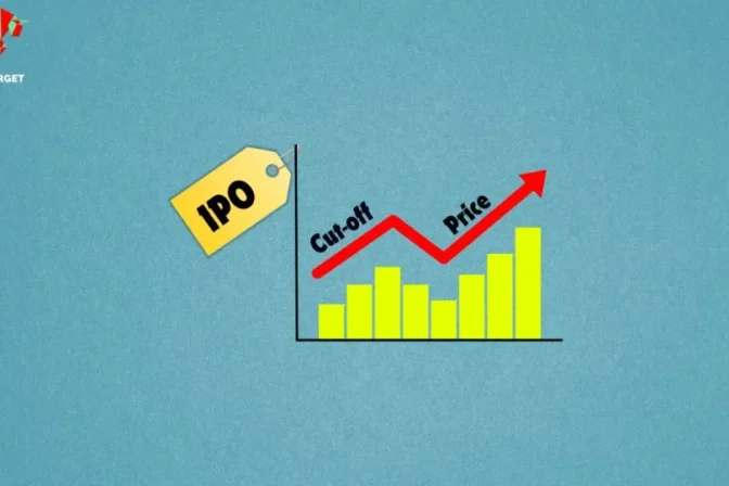This image illustrates the concept of a cut-off price in an IPO with a graph showing increasing price and a tag labeled 'IPO'.