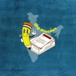 A cartoon pencil mascot with a smiling face and thumbs up gestures explaining the IPO Process. A map of India is in the background.