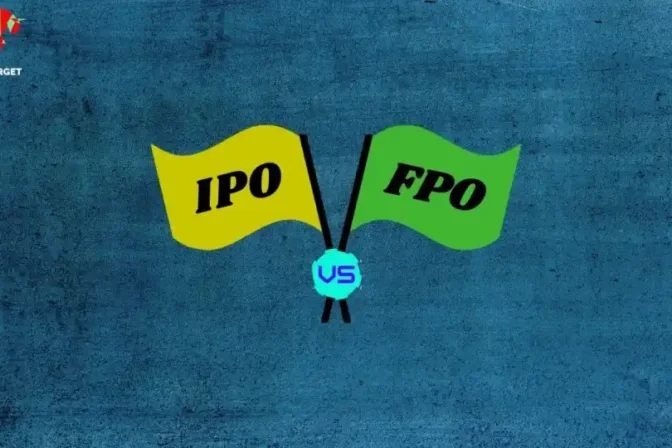 A visual comparison between an Initial Public Offering (IPO) and a Follow-on Public Offer (FPO). Two flags, one yellow with "IPO" and one green with "FPO," cross with a "VS" sign.
