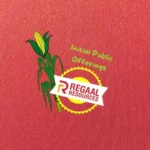 Regaal Resources IPO GMP information displayed with a stylized corn stalk and the company logo on a textured red background.