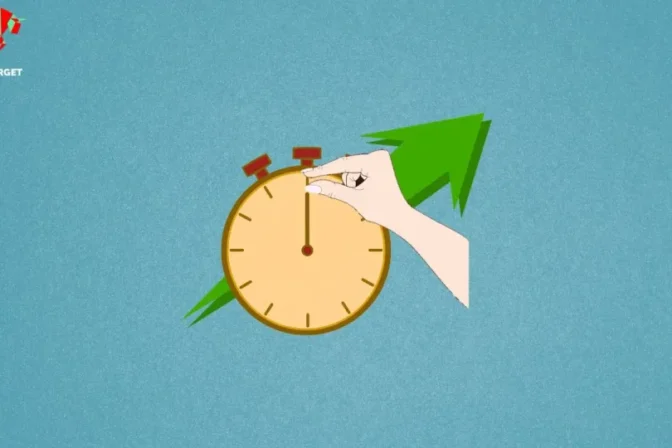 A hand advancing the second hand of a timer, with green upward arrows indicating strategies for short-term IPO trading gains.