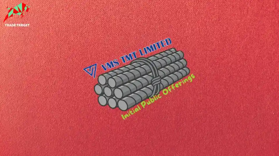 VMS TMT IPO GMP. A graphic of TMT bars and the VMS TMT company logo, representing the IPO. The image is on a blue and gray background.