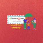 Canara HSBC Life IPO GMP blog banner showing family under umbrella with insurance theme and IPO text on red background