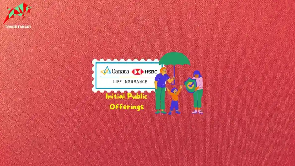 Canara HSBC Life IPO GMP blog banner showing family under umbrella with insurance theme and IPO text on red background