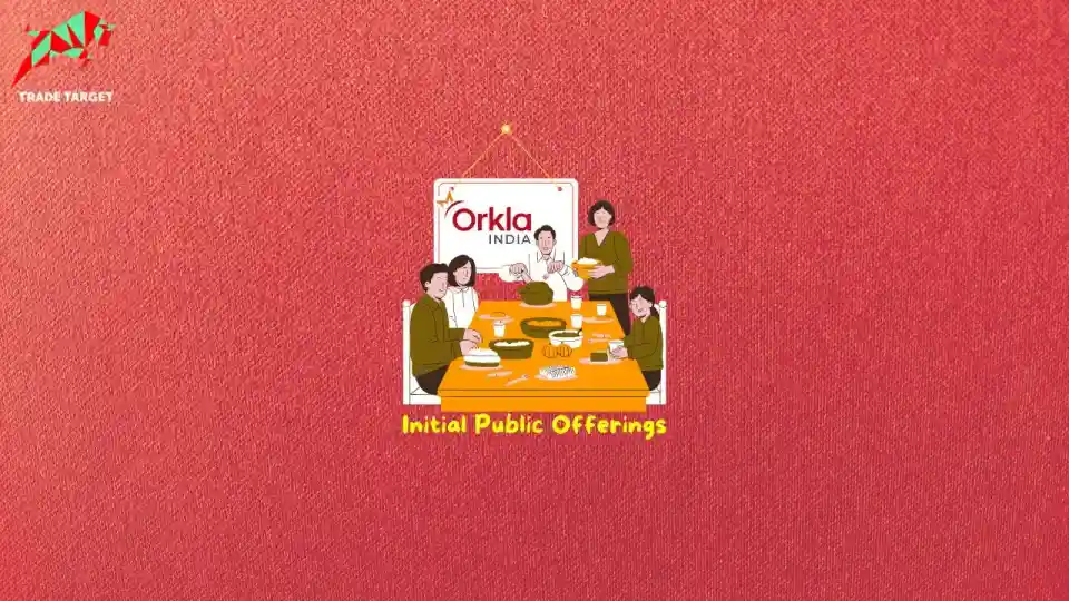 Illustration of the Orkla India brand logo above a family eating, highlighting the Orkla India IPO GMP for investors.