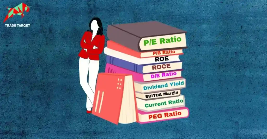 Woman in a red blazer with books displaying the top ratios used in value investing like P/E and ROE for stock analysis.