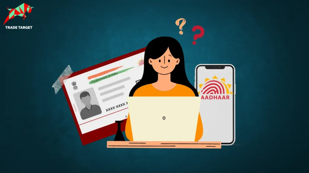 A girl sitting at a table with a laptop, a question mark beside her head, Aadhaar card in the background on the right, and Aadhaar on a mobile screen on the left.