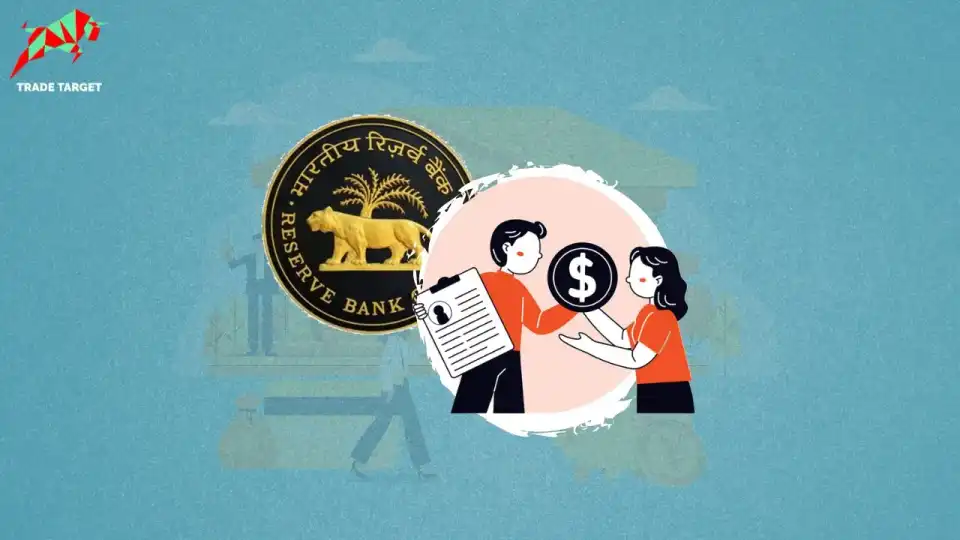 RBI logo with two people exchanging a dollar and a document, representing new strict rules for personal loans and credit cards.
