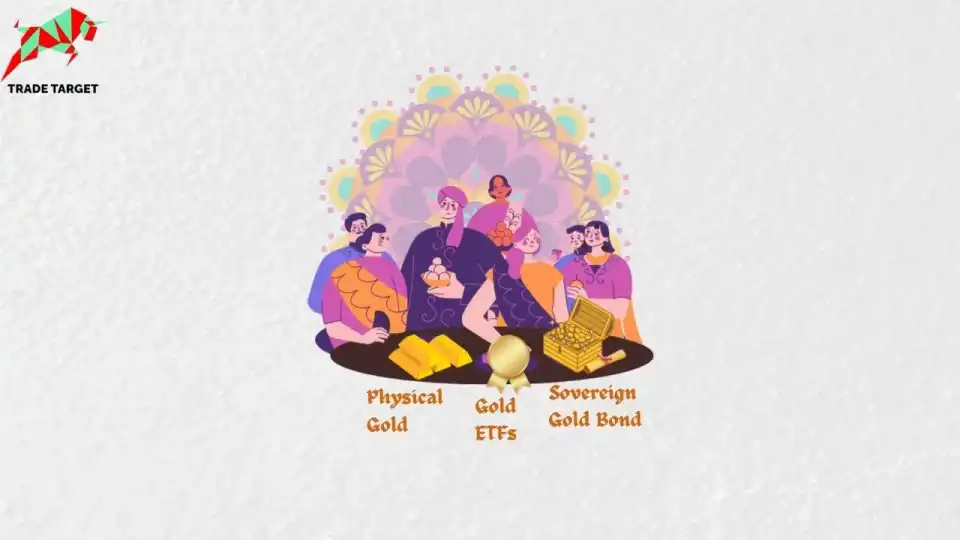 A group of people sitting around a table with Sovereign Gold Bonds, Gold ETFs, and Physical Gold, discussing investment options for Dhanteras 2024.