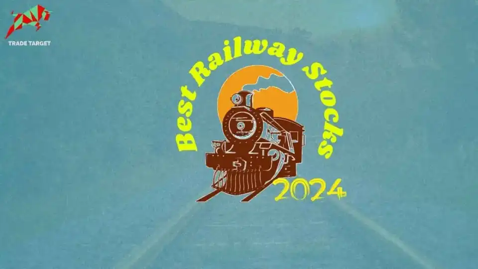 Train moving forward on sky blue background with text 'Best Railway Stock 2024'