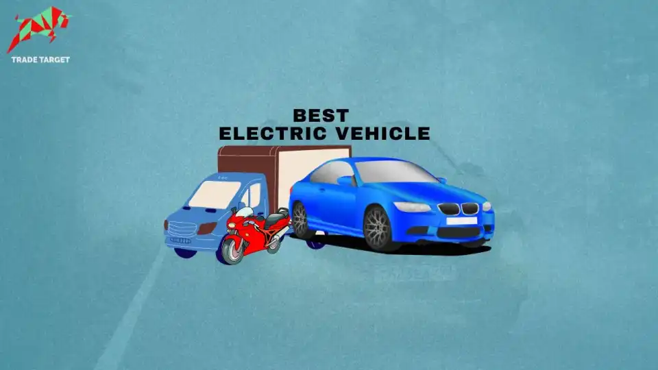 Various electric vehicles clipart on a sky blue background, representing the best electric vehicle stocks.