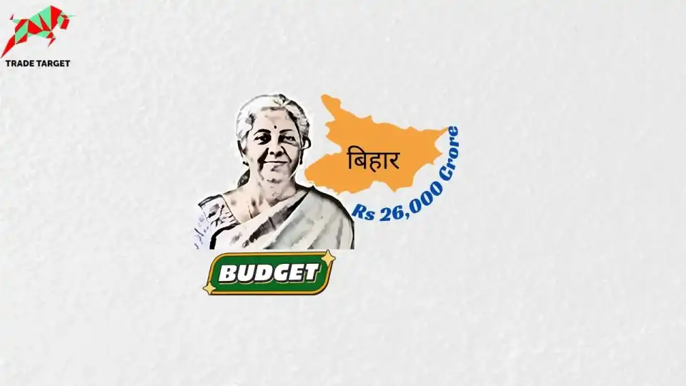 Illustration of Nirmala Sitharaman against a white background with the word 'Budget' and the map of Bihar. The text 'Rs 26,000 Crore' highlights the announcement of the budget for various road projects in Bihar.