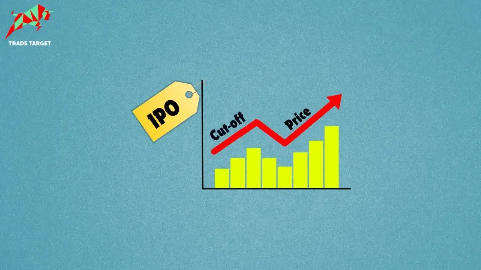 This image illustrates the concept of a cut-off price in an IPO with a graph showing increasing price and a tag labeled 'IPO'.