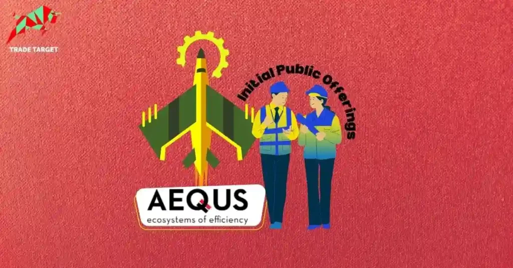 Workers and an aircraft graphic with the Aequs logo highlighting Aequs IPO GMP Today and the company’s upcoming public offering theme.