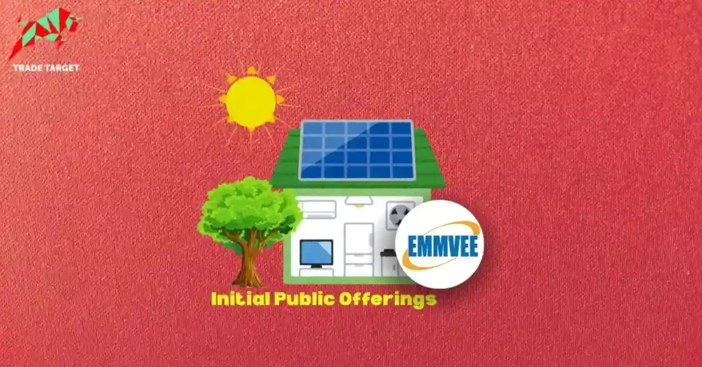 Solar-powered house, Emmvee logo and IPO theme illustrating emmvee photovoltaic ipo gmp today