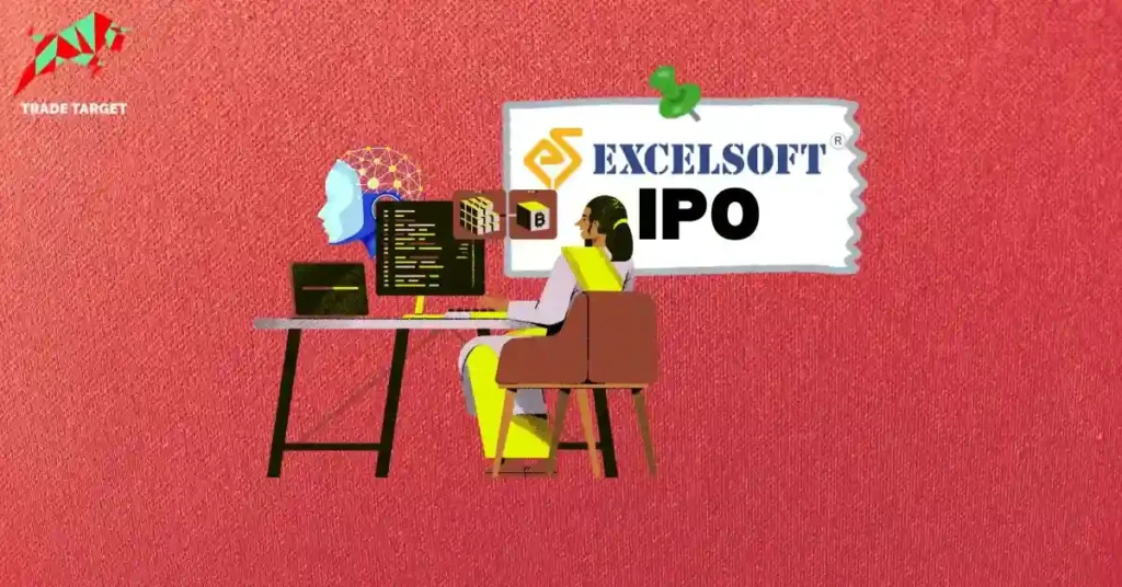 A person at a computer with an AI head, analyzing data related to the Excelsoft Technologies IPO GMP.