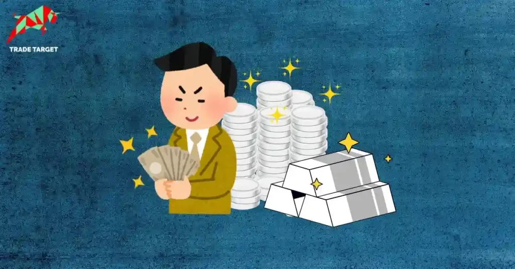 A confident investor holding money next to stacks of silver coins and bars, representing the benefits of investing in silver in India.