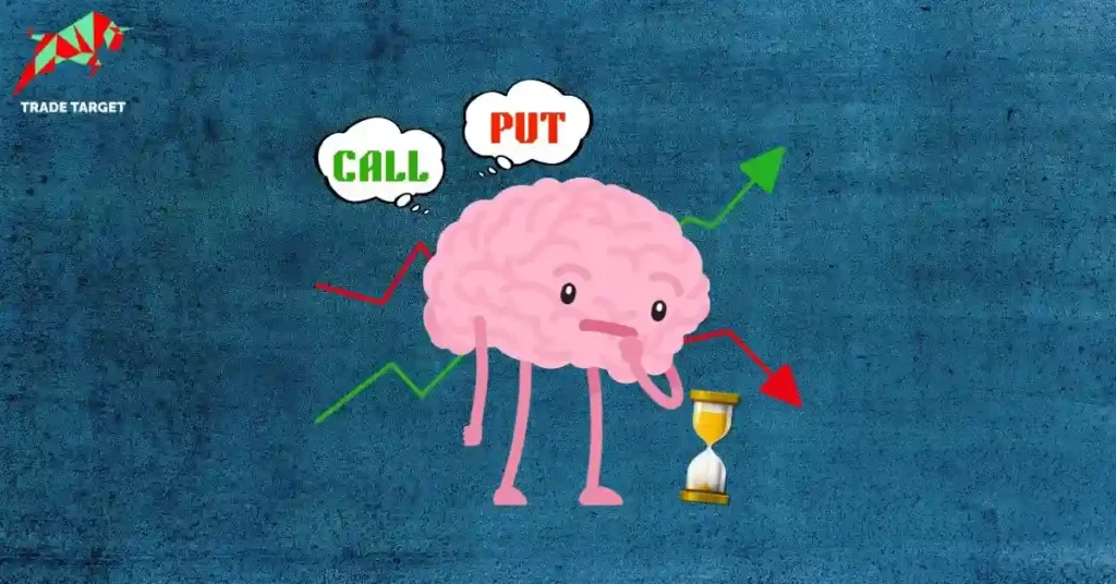 A brain contemplates option expiry strategies, holding an hourglass while weighing 'CALL' (green trend) and 'PUT' (red trend).